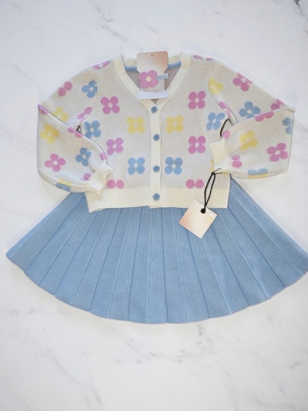 HAPPILY GREY - Floral Button Cardigan with Sky Blue Pleated Skirt